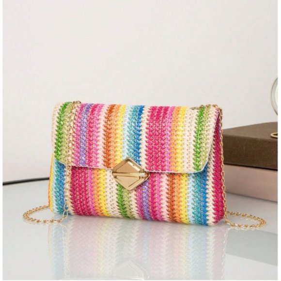 Handbags - Color Block Straw Bag Metal Decor Chain Strap
